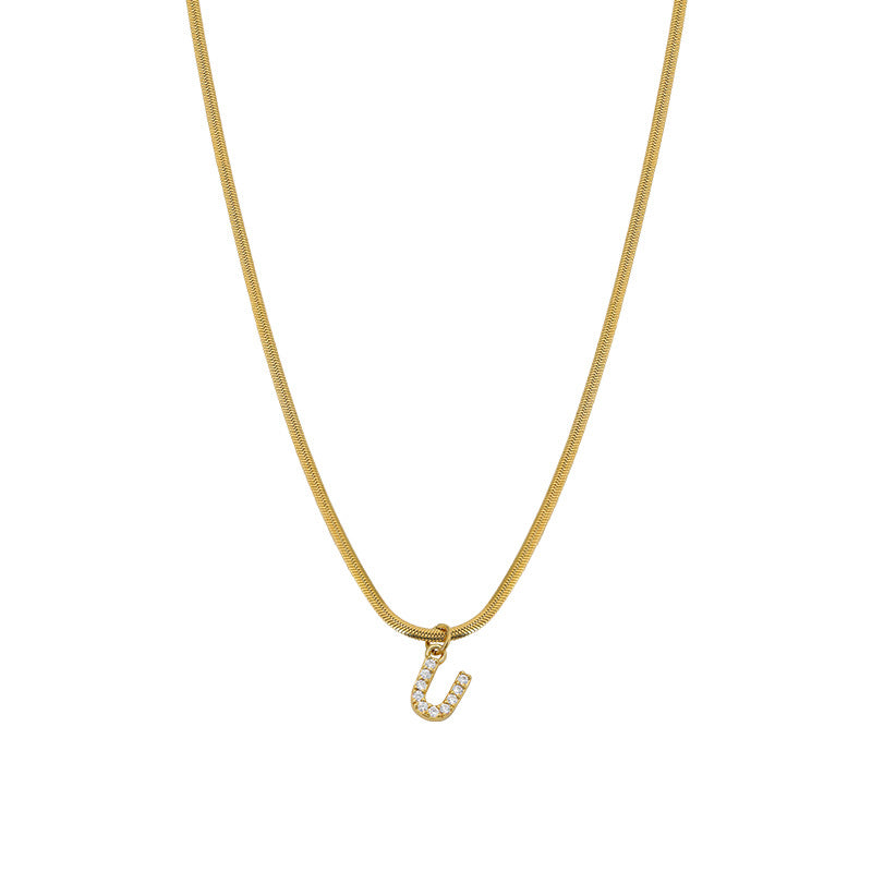 Wholesale French Retro Palace Style Flat Snake Bone Stacking Diamond 26 Letter Titanium Steel Clavicle Chain Necklace